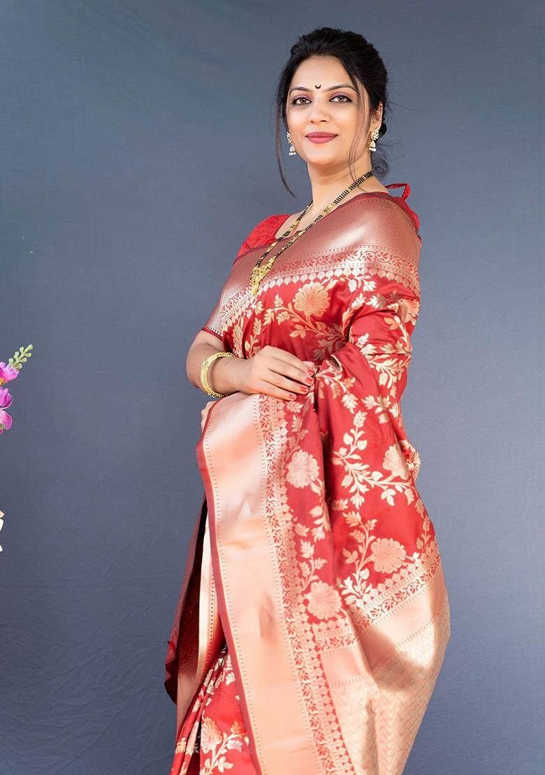 Red Floral Woven Zari Pure Banarasi Silk Saree Set