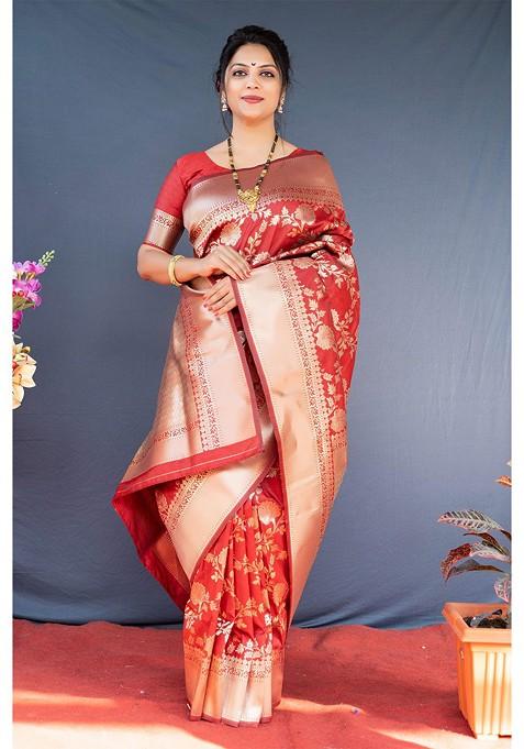 Red Floral Woven Zari Pure Banarasi Silk Saree Set