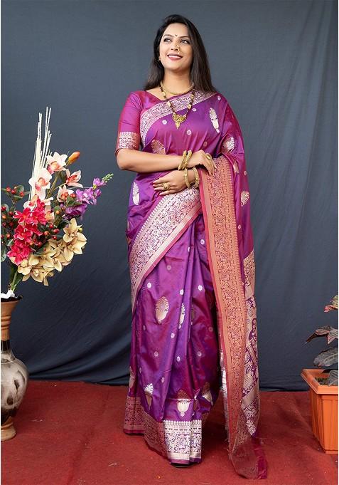 Purple Ethnic Motifs Zari Pure Banarasi Silk Saree Set