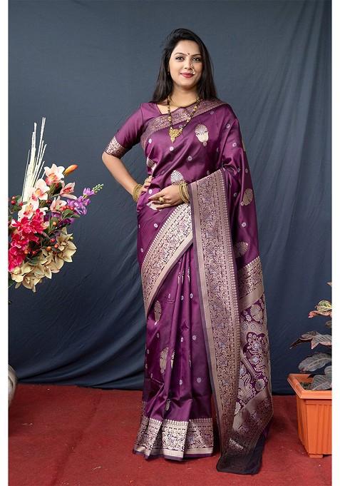 Purple Ethnic Woven Zari Pure Banarasi Silk Saree Set