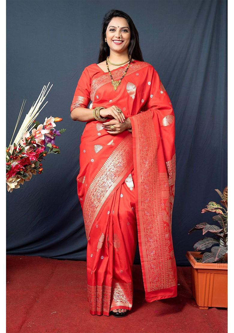 Orange Floral Woven Zari Pure Banarasi Silk Saree Set