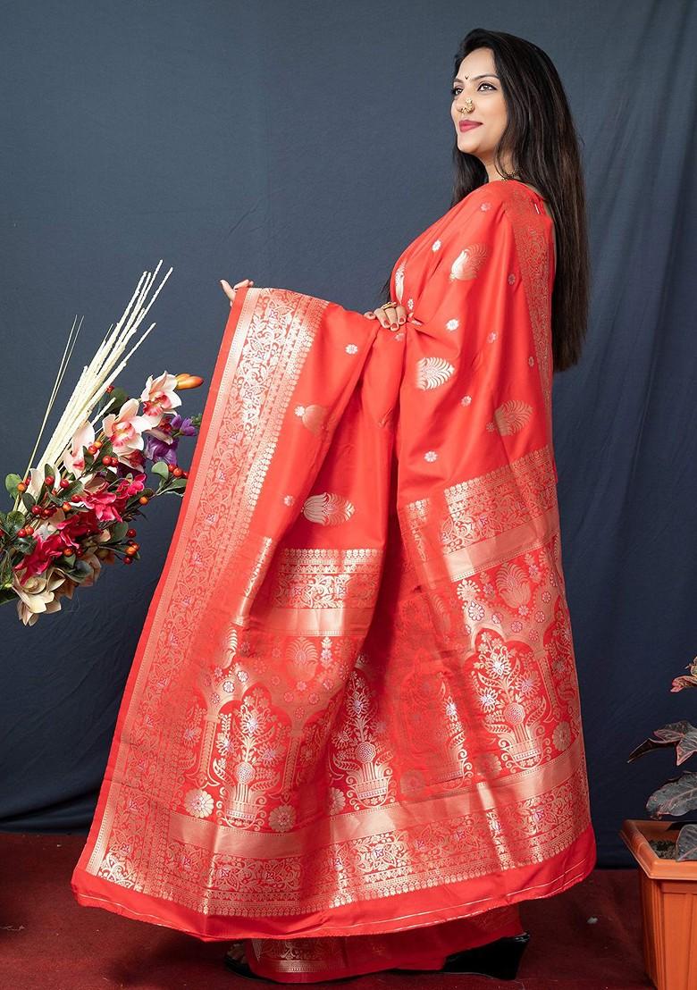 Orange Floral Woven Zari Pure Banarasi Silk Saree Set