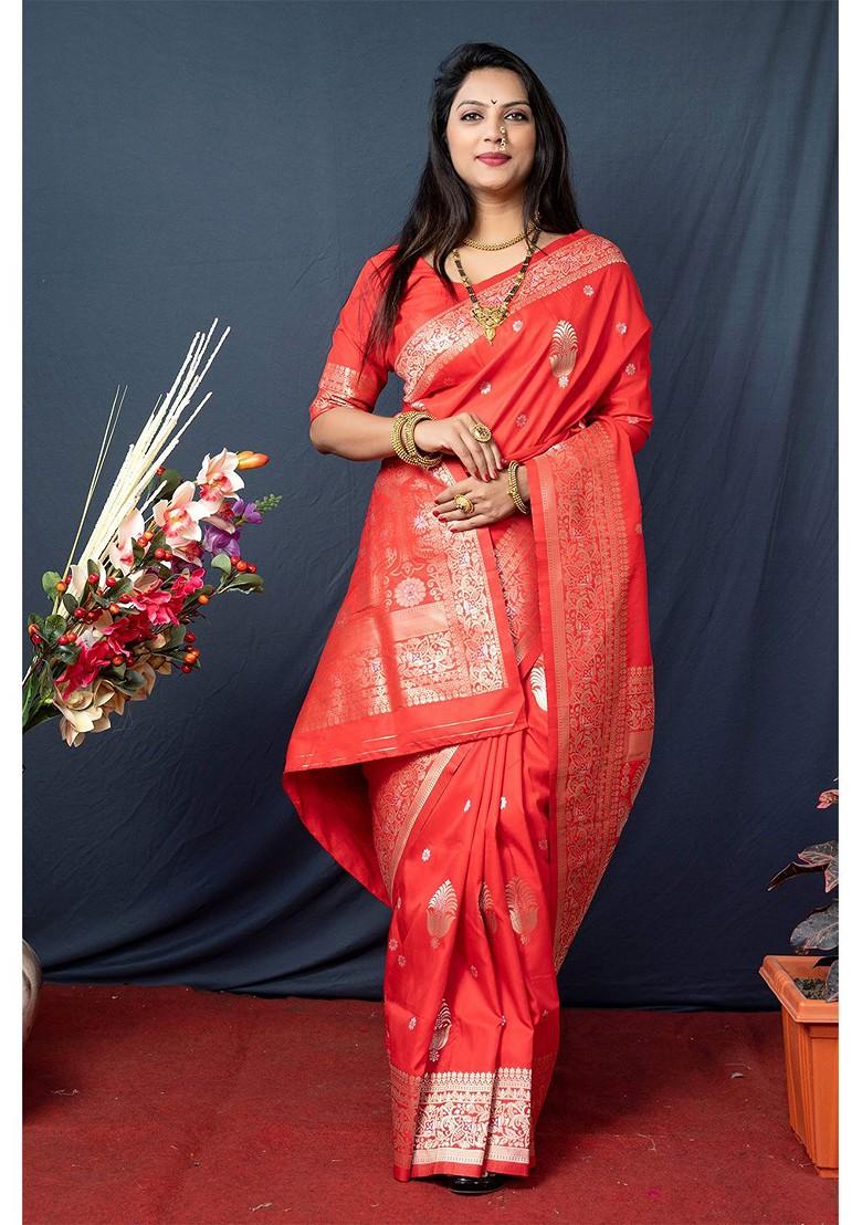 Orange Floral Woven Zari Pure Banarasi Silk Saree Set