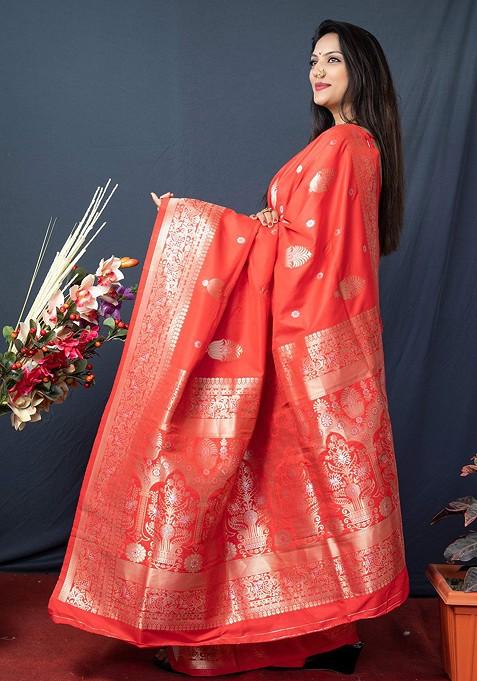 Orange Floral Woven Zari Pure Banarasi Silk Saree Set