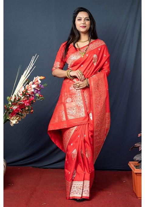 Orange Floral Woven Zari Pure Banarasi Silk Saree Set