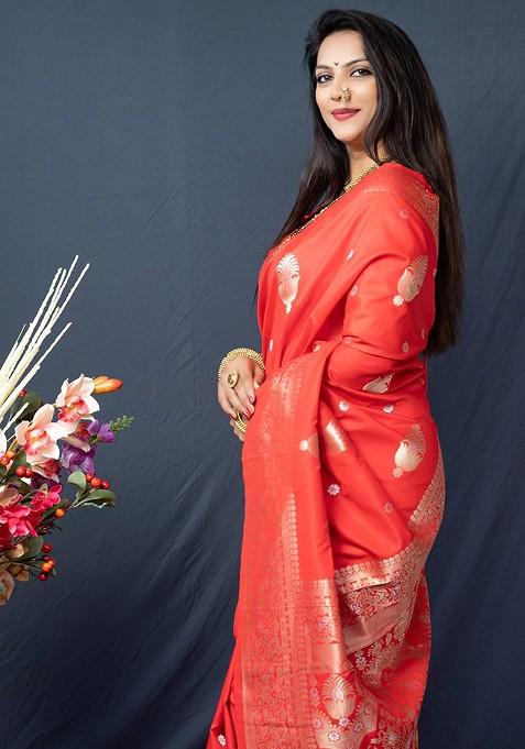 Orange Floral Woven Zari Pure Banarasi Silk Saree Set