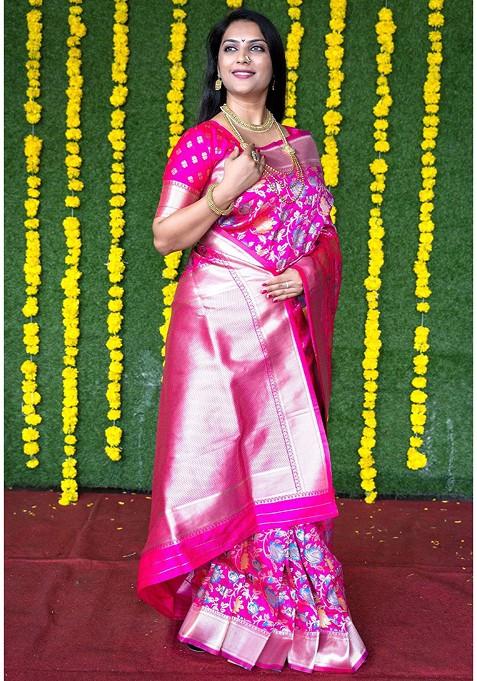 Pink Floral Motif Woven Zari Pure Banarasi Silk Saree Set