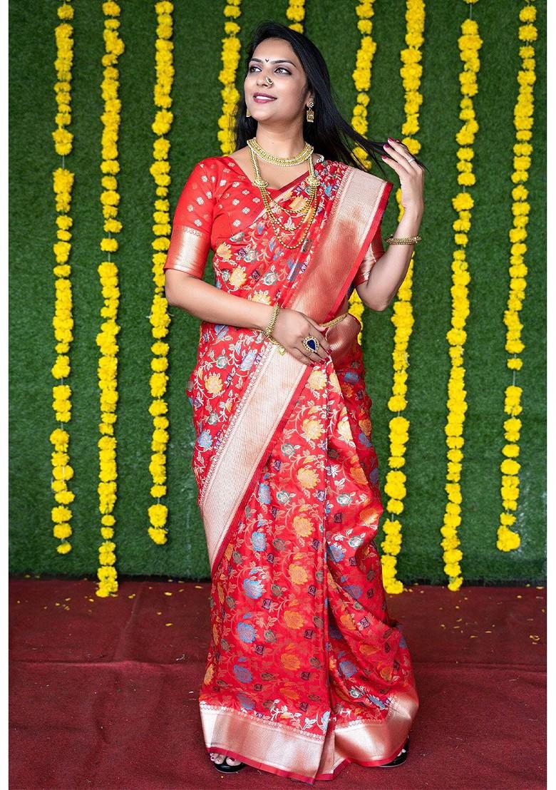 Orange Floral Motif Woven Zari Pure Banarasi Silk Saree Set