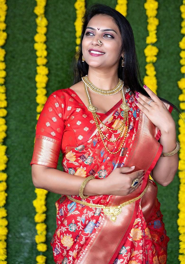 Orange Floral Motif Woven Zari Pure Banarasi Silk Saree Set