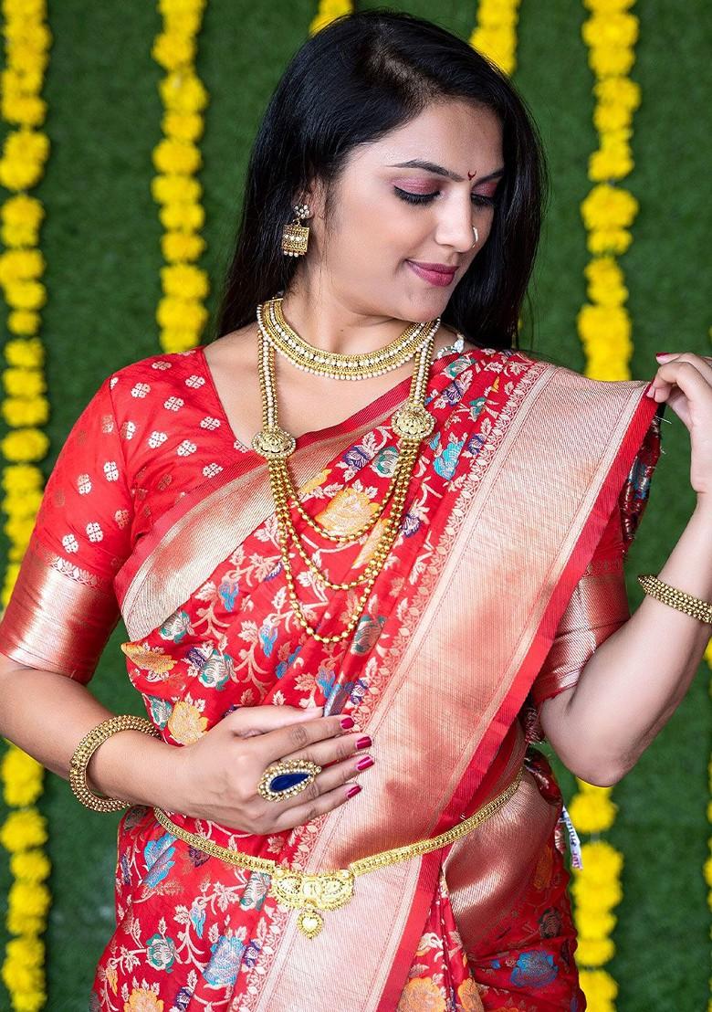 Orange Floral Motif Woven Zari Pure Banarasi Silk Saree Set