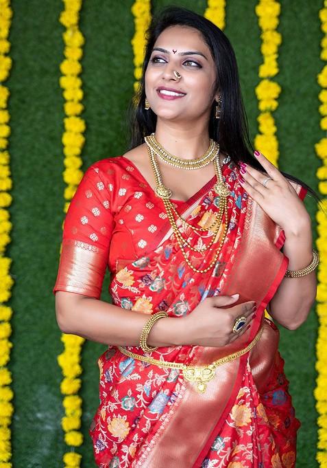 Orange Floral Motif Woven Zari Pure Banarasi Silk Saree Set