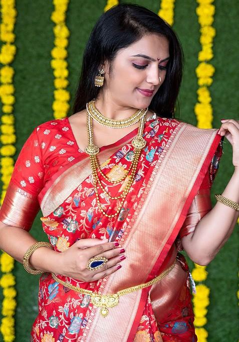 Orange Floral Motif Woven Zari Pure Banarasi Silk Saree Set