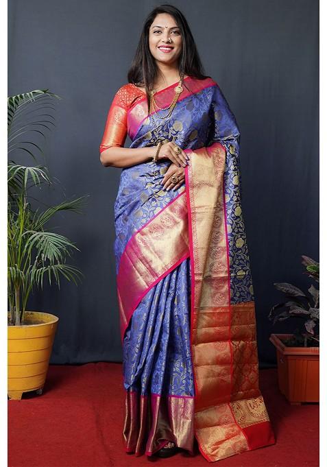 Blue Floral Woven Zari Pure Banarasi Silk Saree Set