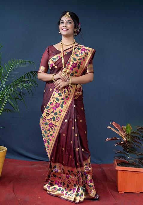 Brown Floral Zari Pure Silk Paithani Saree Set