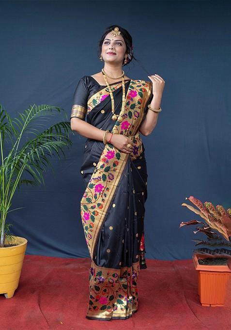 Black Floral Zari Pure Silk Paithani Saree Set