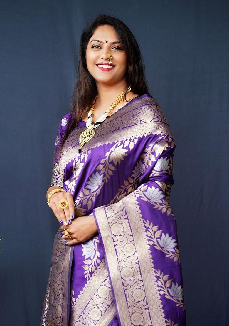 Violet Floral Woven Zari Pure Banarasi Silk Saree Set