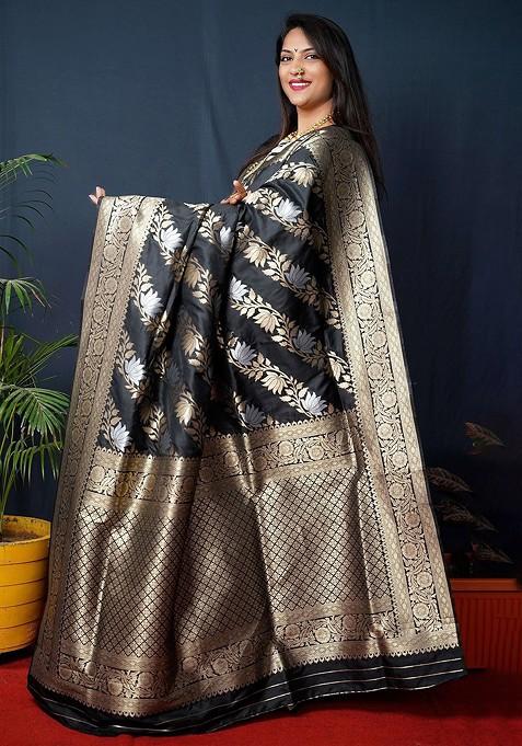 Black Floral Woven Zari Pure Banarasi Silk Saree Set