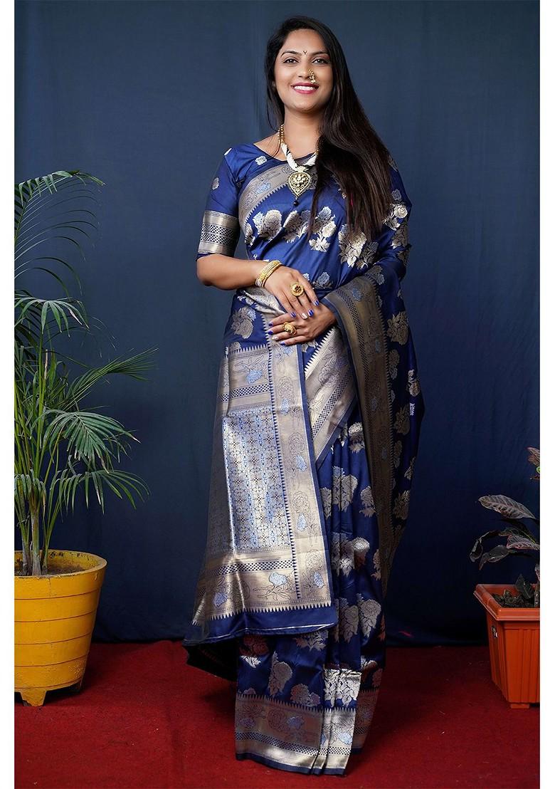Blue Floral Woven Zari Pure Banarasi Silk Saree Set