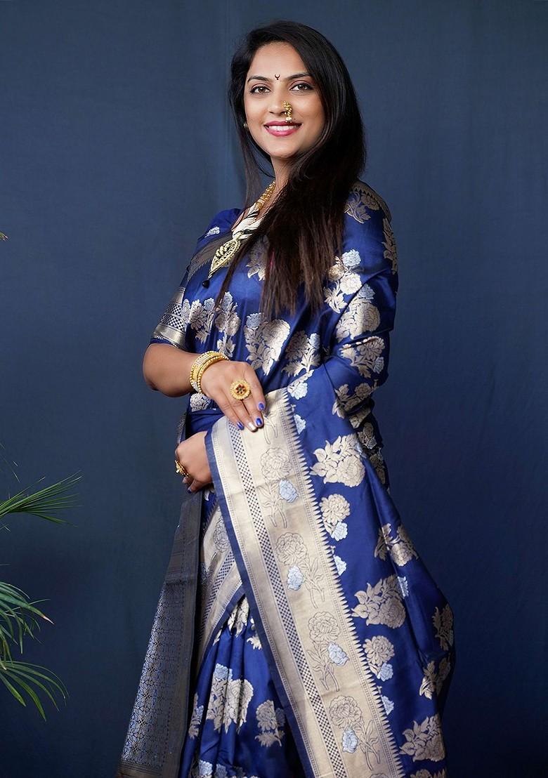 Blue Floral Woven Zari Pure Banarasi Silk Saree Set