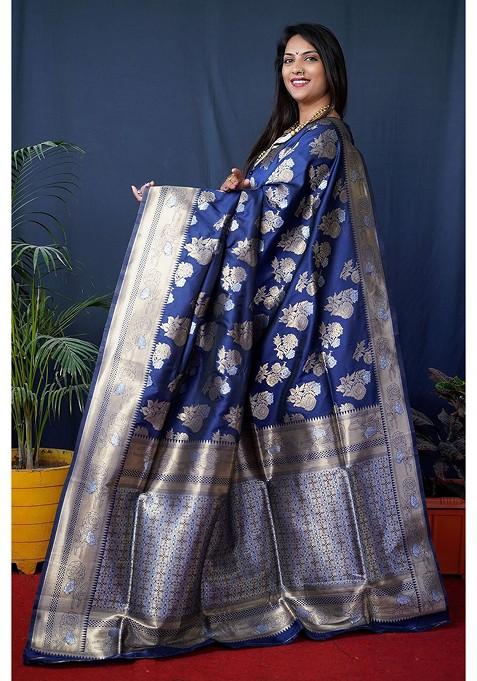 Blue Floral Woven Zari Pure Banarasi Silk Saree Set
