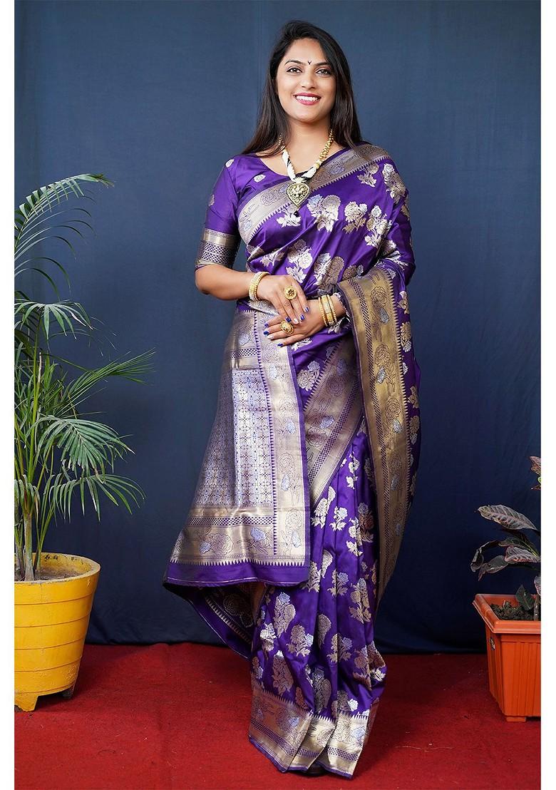 Violet Floral Woven Zari Pure Banarasi Silk Saree Set