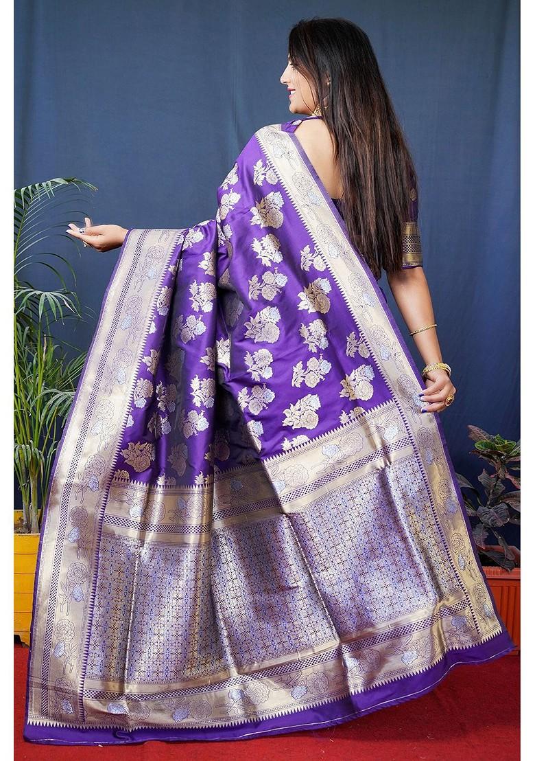 Violet Floral Woven Zari Pure Banarasi Silk Saree Set