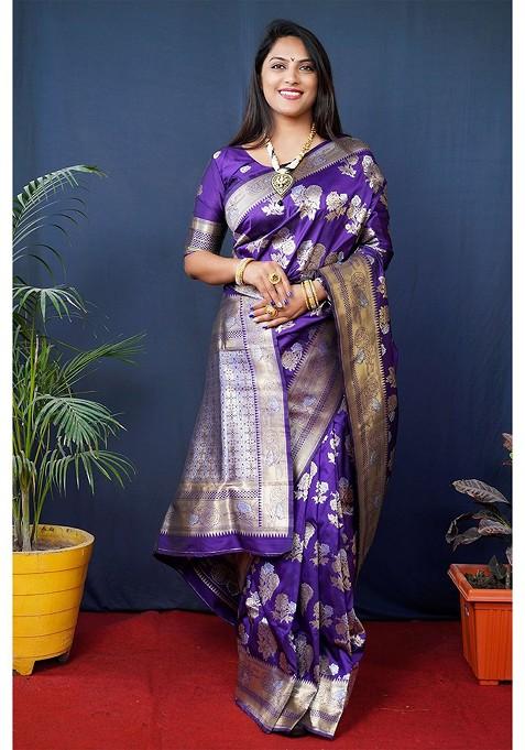 Violet Floral Woven Zari Pure Banarasi Silk Saree Set