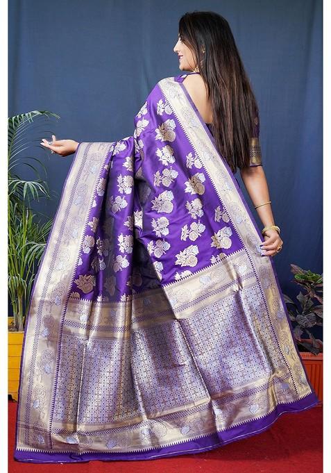 Violet Floral Woven Zari Pure Banarasi Silk Saree Set