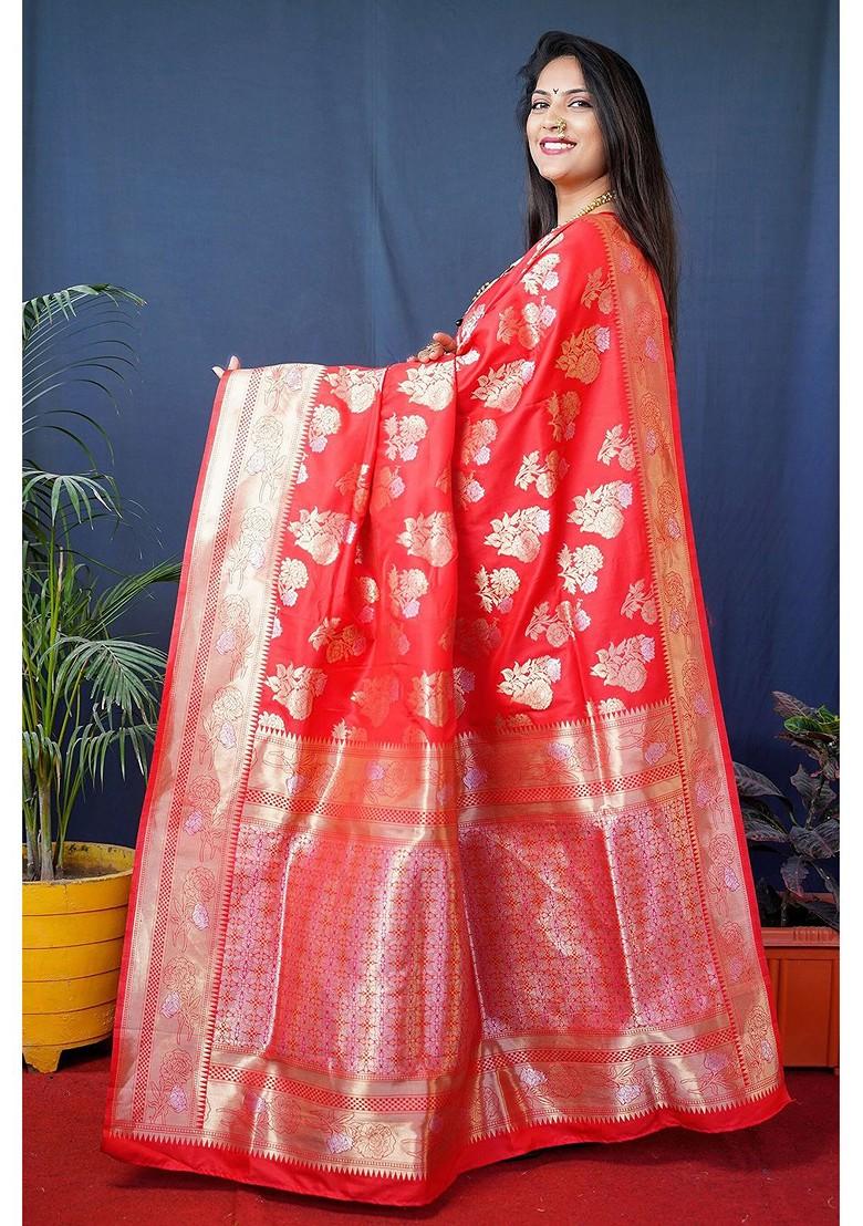 Red Floral Woven Zari Pure Banarasi Silk Saree Set