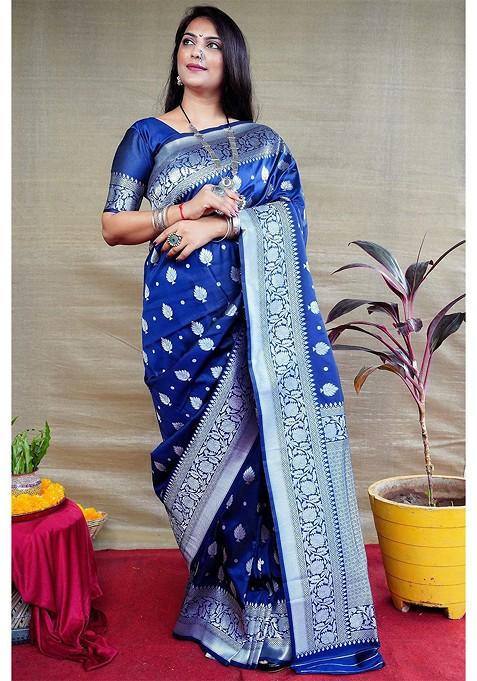 Navy Blue Ethnic Motif Woven Zari Pure Banarasi Silk Saree Set