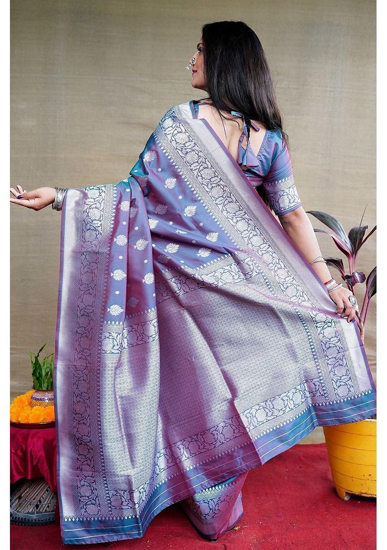 Teal Ethnic Motif Woven Zari Pure Banarasi Silk Saree Set