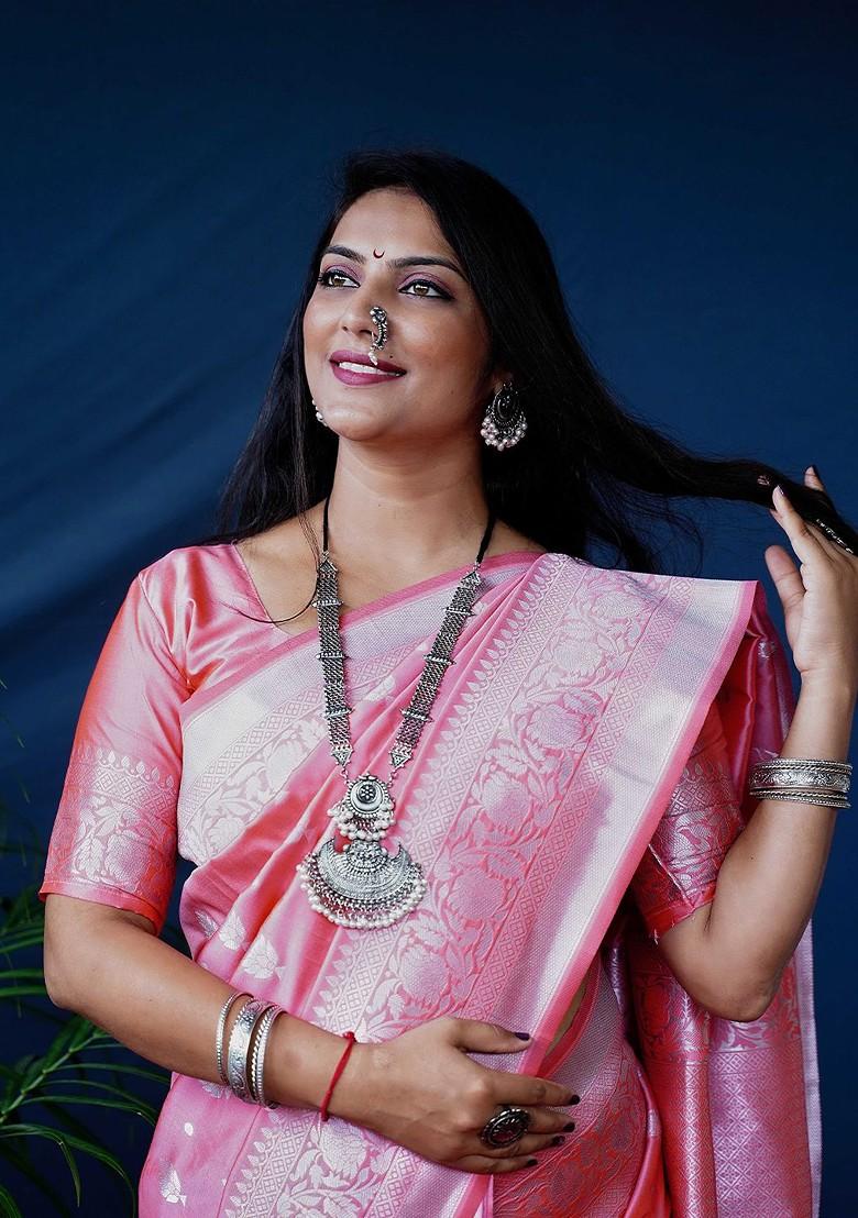 Peach Ethnic Motifs Woven Zari Pure Banarasi Silk Saree Set