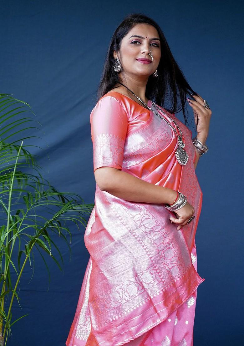Peach Ethnic Motifs Woven Zari Pure Banarasi Silk Saree Set