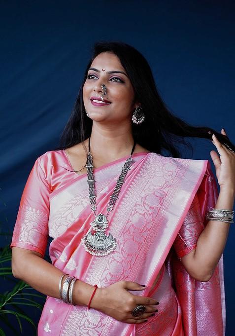 Peach Ethnic Motifs Woven Zari Pure Banarasi Silk Saree Set