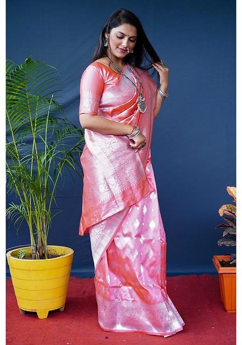 Peach Ethnic Motifs Woven Zari Pure Banarasi Silk Saree Set