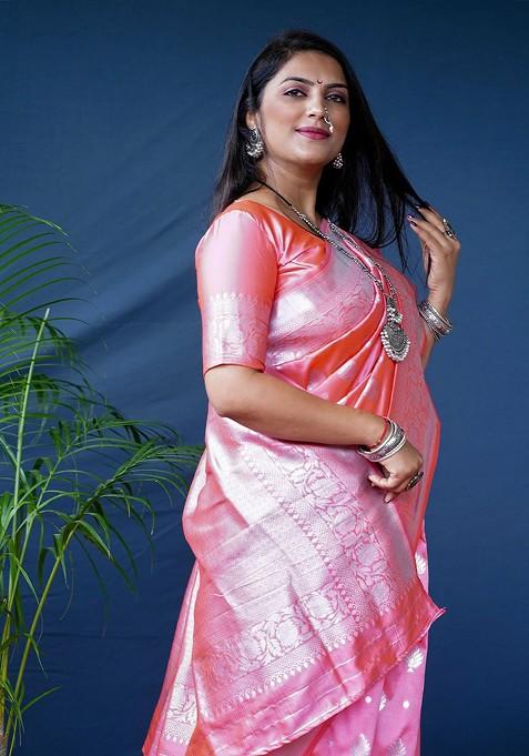 Peach Ethnic Motifs Woven Zari Pure Banarasi Silk Saree Set