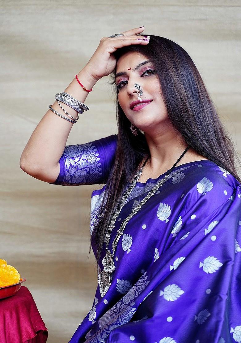 Blue Floral Zari Pure Banarasi Silk Saree Set - Indya