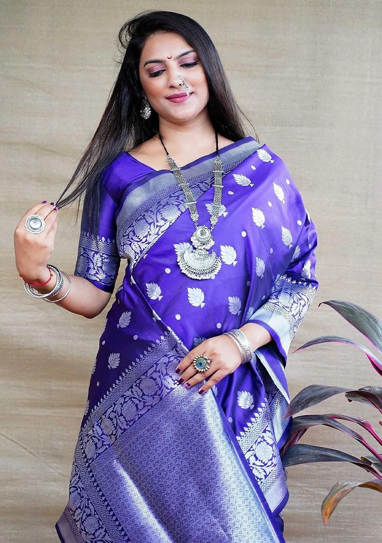 Blue Floral Zari Pure Banarasi Silk Saree Set - Indya