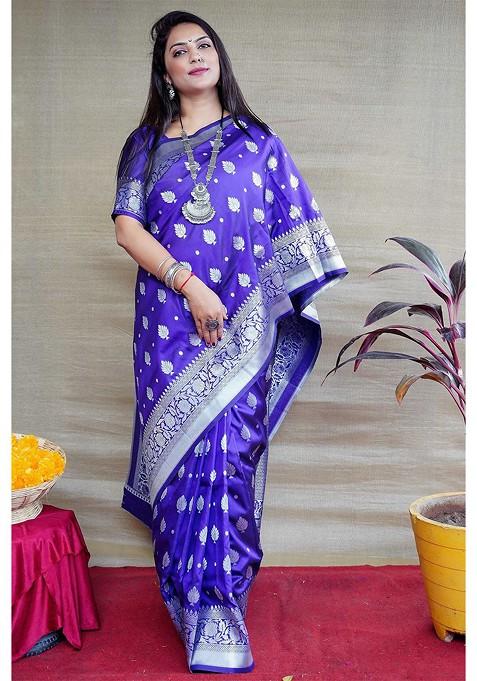 Blue Floral Zari Pure Banarasi Silk Saree Set