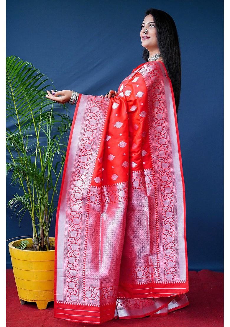 Red Woven Zari Pure Banarasi Silk Saree Set