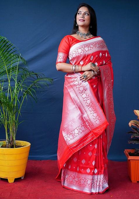 Red Woven Zari Pure Banarasi Silk Saree Set