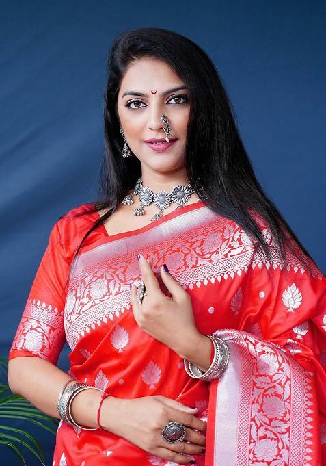 Red Woven Zari Pure Banarasi Silk Saree Set