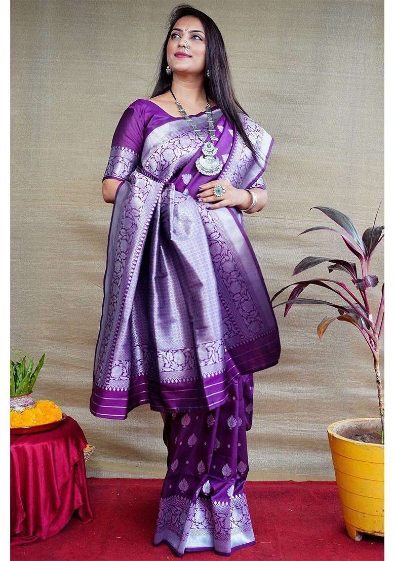 Purple Woven Zari Pure Banarasi Silk Saree Set - Indya