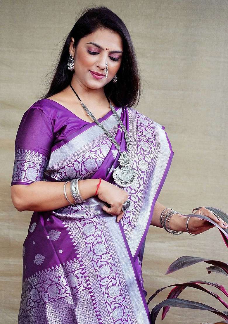 Purple Woven Zari Pure Banarasi Silk Saree Set - Indya