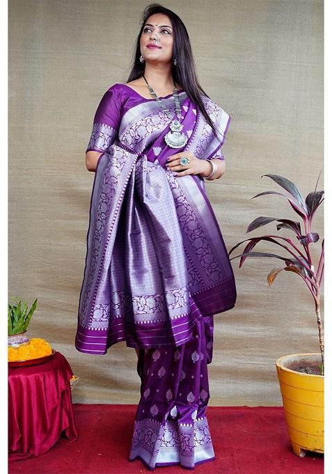 Purple Woven Zari Pure Banarasi Silk Saree Set