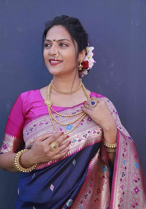 Blue Woven Pure Banarasi Silk Saree Set