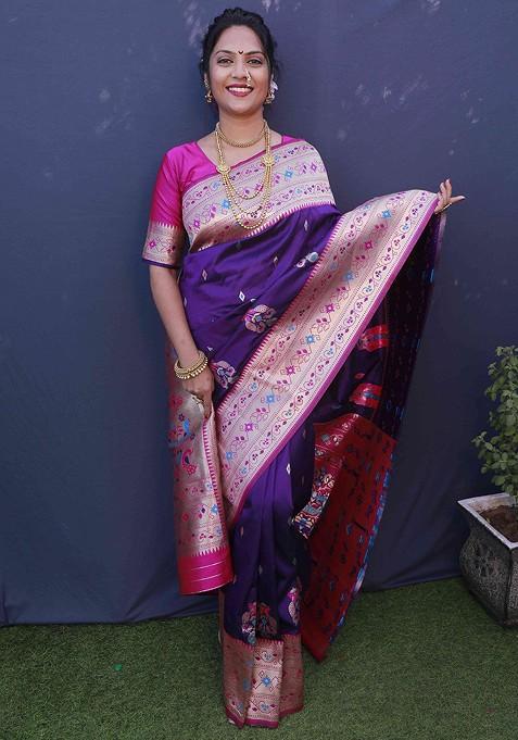 Purple Woven Pure Banarasi Silk Saree Set