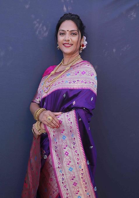 Purple Woven Pure Banarasi Silk Saree Set