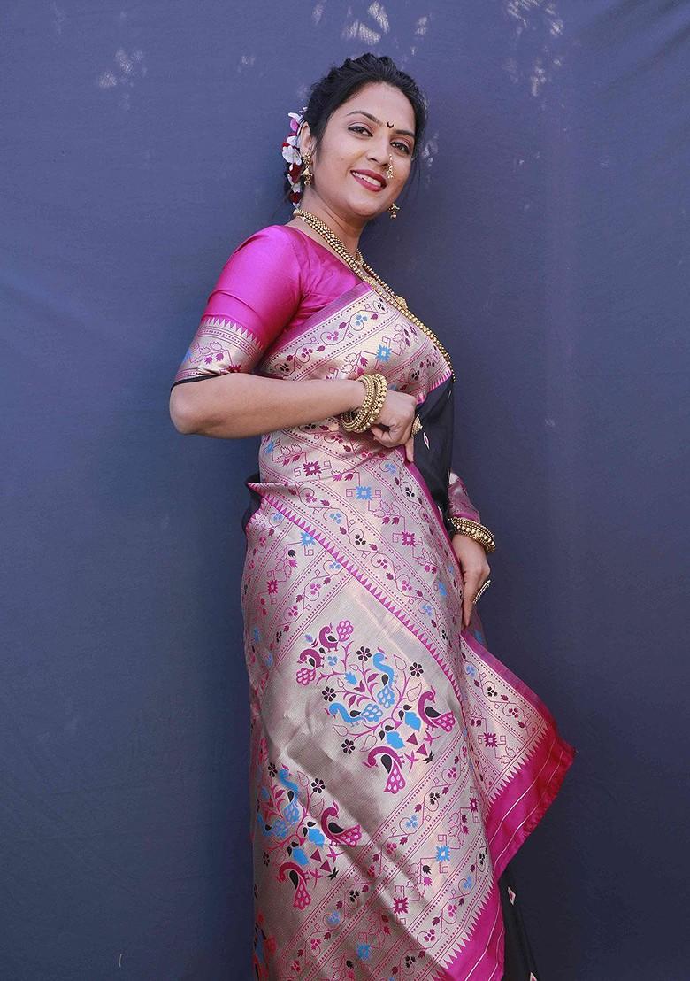 Black Ethnic Motif Woven Pure Banarasi Silk Saree Set