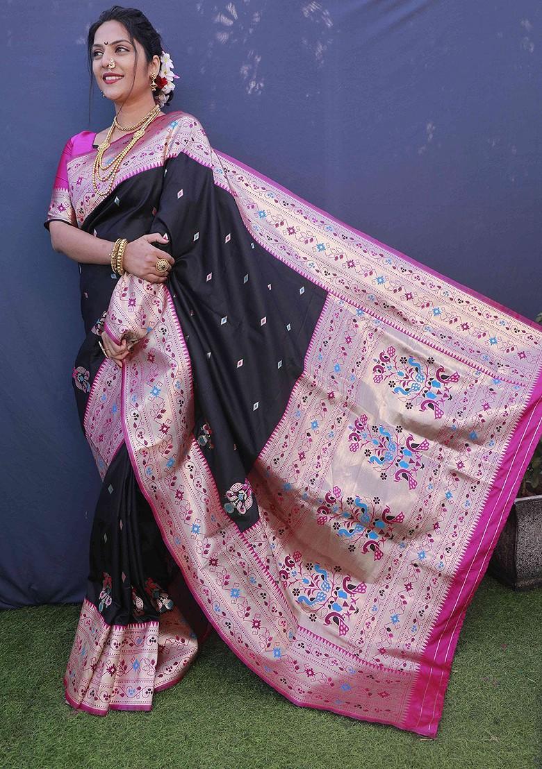 Black Ethnic Motif Woven Pure Banarasi Silk Saree Set